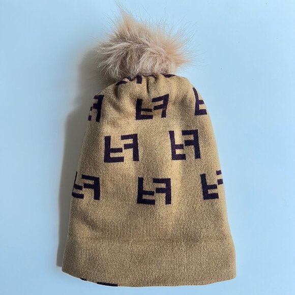 Knit Beanie Tuque with Faux Fur Pom – Brown & Tan Double F Pattern Hat - Picture 11 of 16